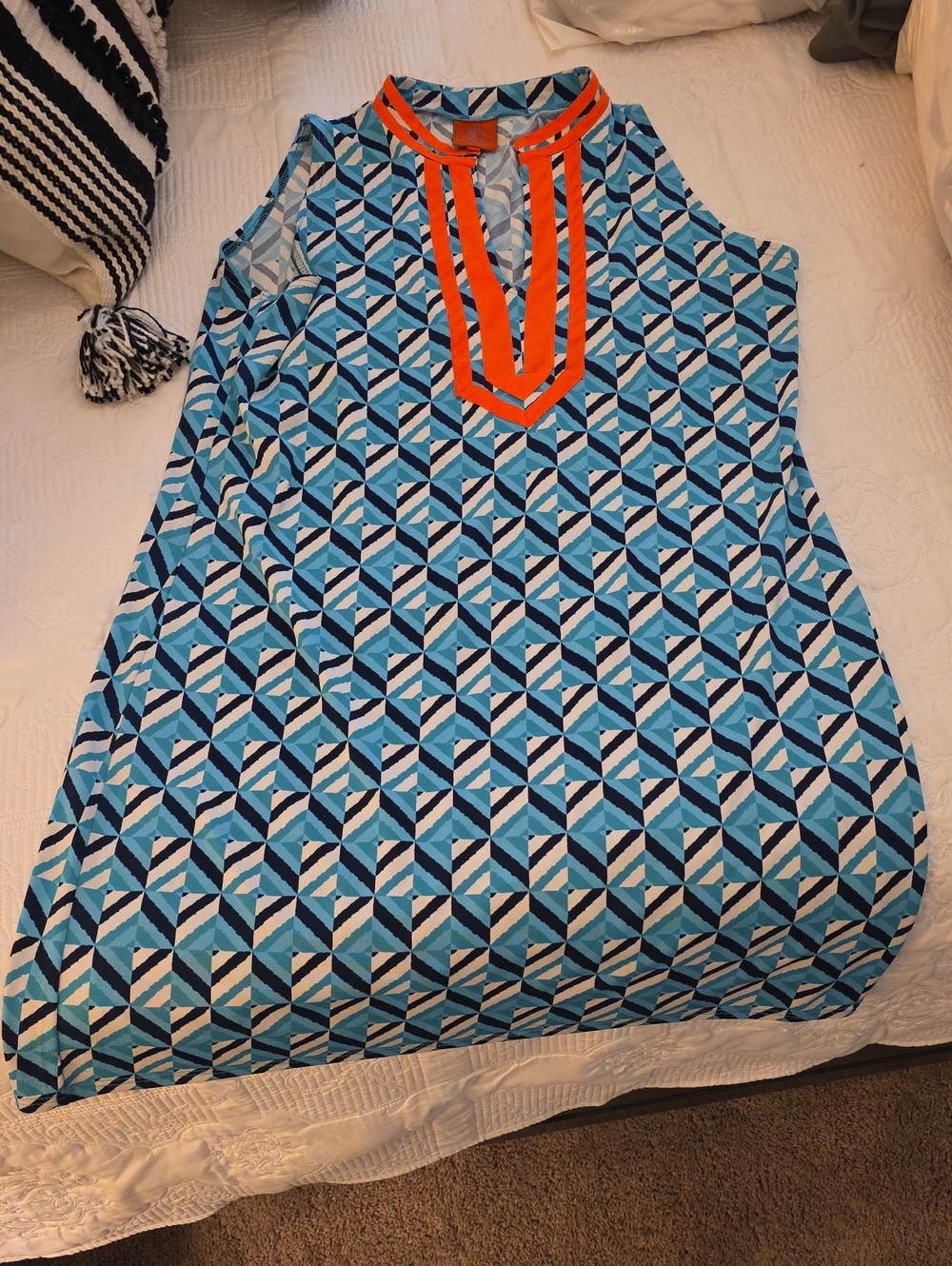Tracy Negoshian Blue Geometric Sleeveless Cover-Up with Orange Trim